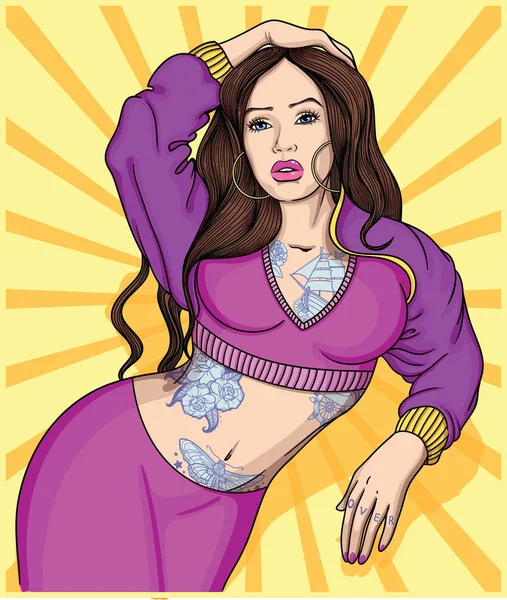 Tam olarak eski okul tarzı seksi kız uzun saçlı, dövmeli. Vektör renk resimde ayrıntılı. Retro tarzı vücutta üzerinde klasik vintage dövme mürekkebi. 