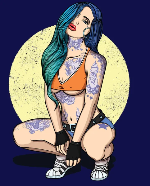 Totalmente tatuado no estilo old school menina sexy com cabelos longos .Vector cor ilustração detalhada. Tatuagens vintage clássico tinta no corpo em estilo retro . —  Vetores de Stock