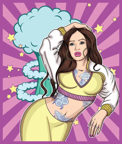 Tam olarak eski okul tarzı seksi kız uzun saçlı, dövmeli. Vektör renk resimde ayrıntılı. Retro tarzı vücutta üzerinde klasik vintage dövme mürekkebi. 