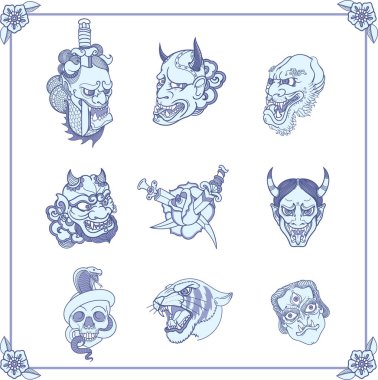 Klasik oryantal Japon eski okul tarzı güzel temiz retro dövmeler. Daemon kötü surat. Şeytan namlu. Hançer gül içinde. Yakuza tarzı