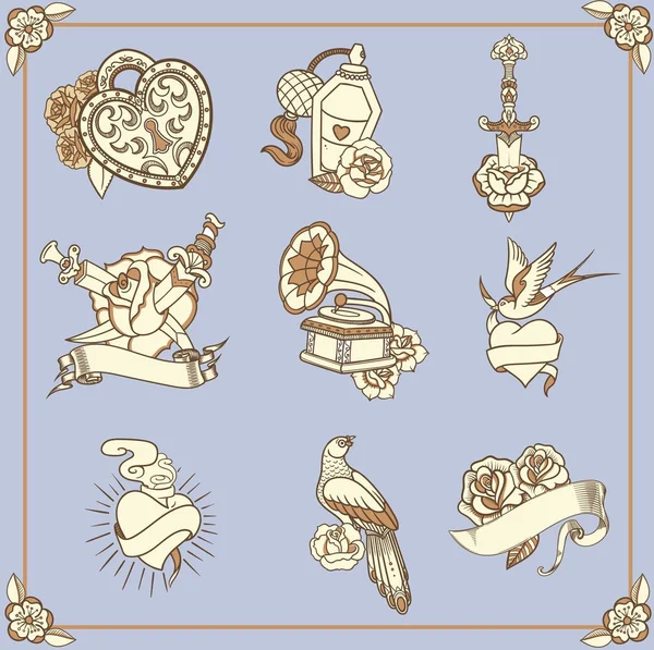 Amazing vintage tattoos in classic old school style. New traditional tattoo style. Hand-drawn images. Romantic keyhole with roses, perfumes, dagger stuck in a rose, gramophone with flowers , a bird — Stock Vector