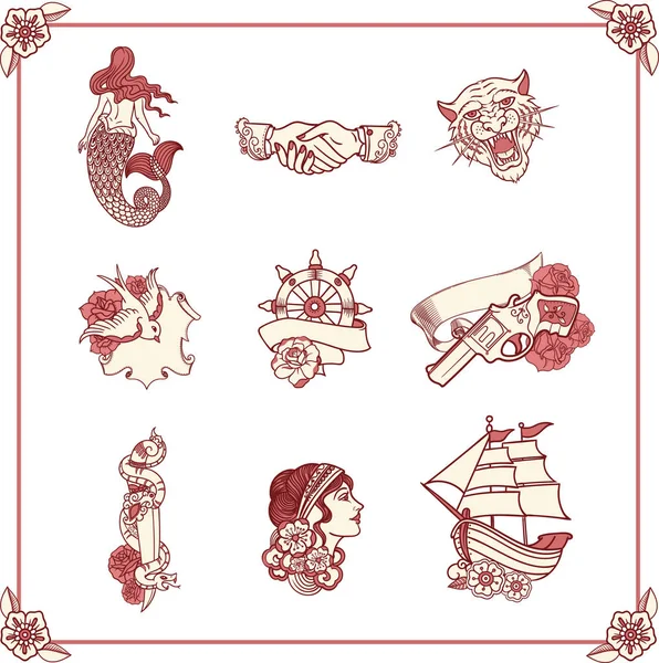 Vintage tattoos in classic old school style. New traditional tattoo style. Hand-drawn images. Nautical symbols . — Stock Vector