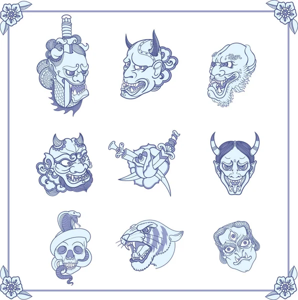 Beautiful clean retro tattoos in classic oriental Japanese old school style. Daemon evil  face. Devil muzzle. Dagger inside rose. Yakuza style Royalty Free Stock Vectors