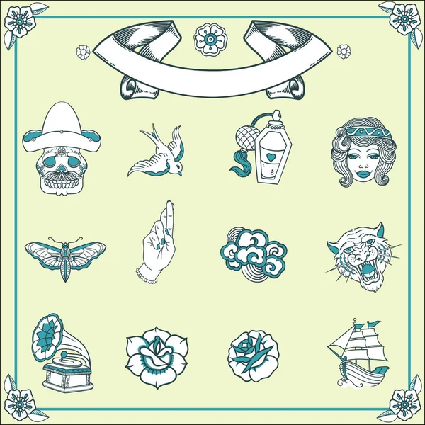 Vintage tattoos in classic old school style. New traditional tattoo style. Hand-drawn images. . Mexican, swallow, woman face, bottle of perfume, butterfly, rose, gramophone, tiger, ship Royalty Free Stock Illustrations