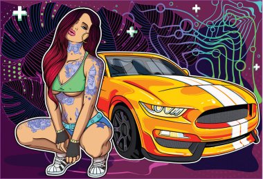 Seksi dövmeli içinde klasik eski okul tarzı kız süper araba geometrik ve Botanik renkli arka plan ile. Kadın ve benim profilde süper arabalar ile kavramları topluluğu .