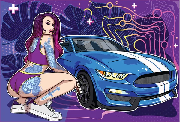 Sexy tetování v klasické staré školy styl dívka s super auto na geometrické a botanických barevné pozadí. Sbírka konceptů s ženami a super auta v mém profilu . — Stockový vektor