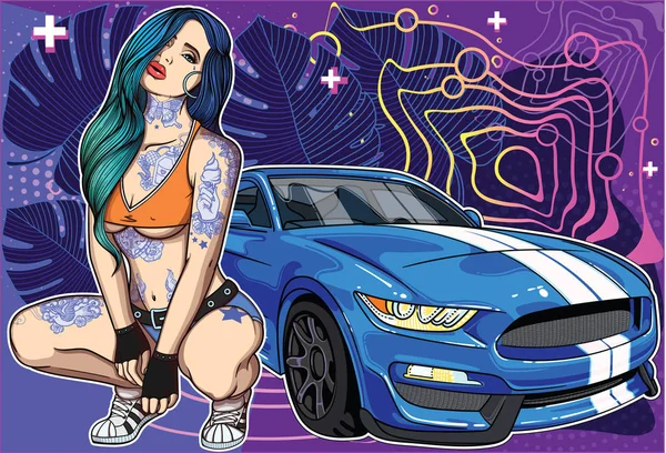Szexi tetovált a klasszikus régi iskola stílusú lány szuper autót, a geometriai és botanikus színes háttér. A nők és a szuper autók a profilomban fogalmak gyűjteménye . — Stock Vector
