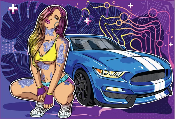 Sexy tatuado em menina estilo old school clássico com super carro em fundo colorido geométrico e botânico. Coleção de conceitos com mulheres e super carros no meu perfil  . — Vetor de Stock