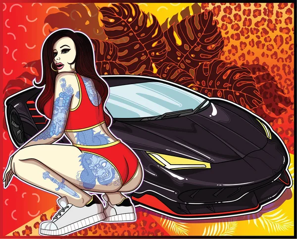 Sexy tatuado em menina estilo old school clássico com super carro em fundo colorido geométrico e botânico. Coleção de conceitos com mulheres e super carros no meu perfil  . —  Vetores de Stock