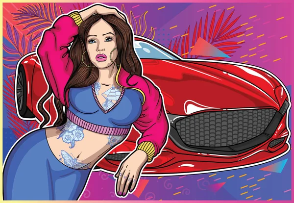 Seksi dövmeli içinde klasik eski okul tarzı kız süper araba geometrik ve Botanik renkli arka plan ile. Kadın ve benim profilde süper arabalar ile kavramları topluluğu .