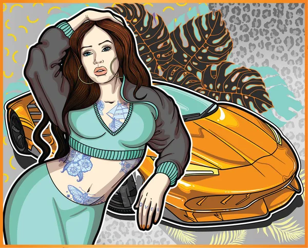 Seksi dövmeli içinde klasik eski okul tarzı kız süper araba geometrik ve Botanik renkli arka plan ile. Kadın ve benim profilde süper arabalar ile kavramları topluluğu .