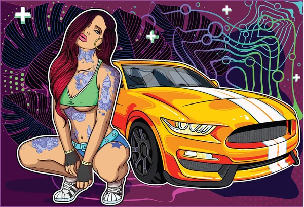 Sexy tatuado em menina estilo old school clássico com super carro em fundo colorido geométrico e botânico. Coleção de conceitos com mulheres e super carros no meu perfil  . —  Vetores de Stock