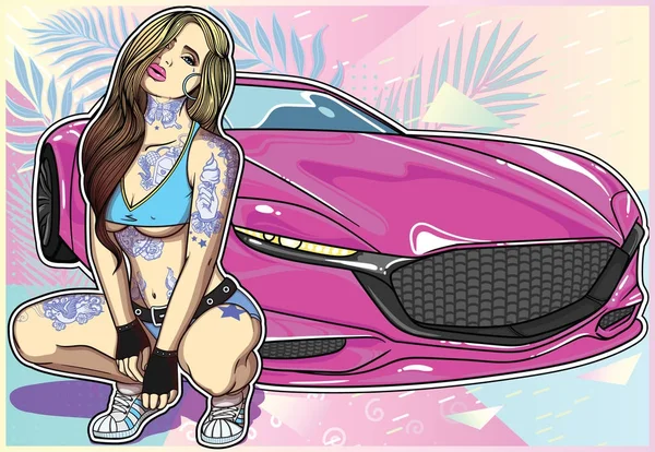 Sexy tatuado em menina estilo old school clássico com super carro em fundo colorido geométrico e botânico. Coleção de conceitos com mulheres e super carros no meu perfil  . —  Vetores de Stock