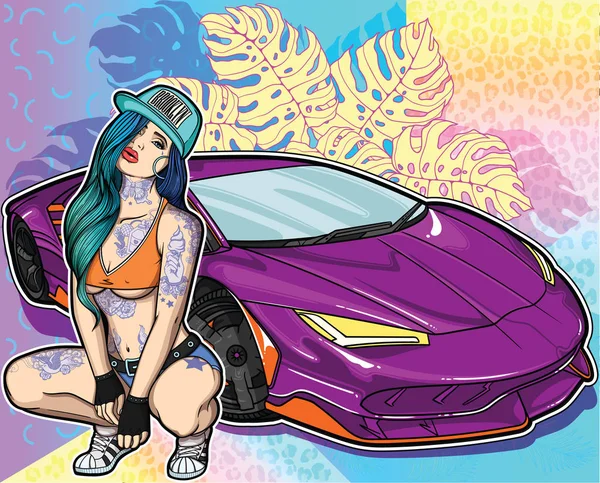 Sexy tatuado em menina estilo old school clássico com super carro em fundo colorido geométrico e botânico. Coleção de conceitos com mulheres e super carros no meu perfil  . — Vetor de Stock