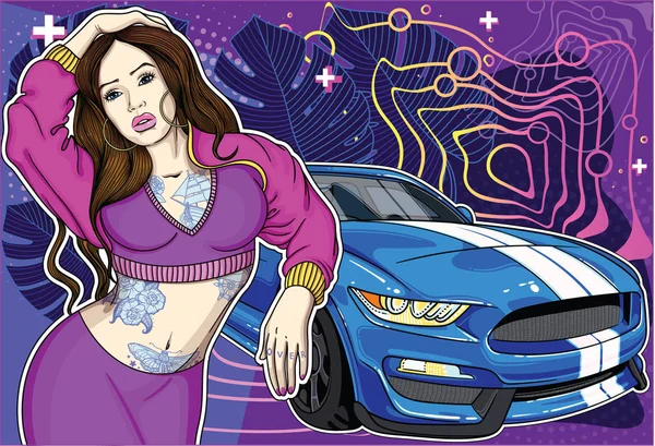 Sexy tatuado em menina estilo old school clássico com super carro em fundo colorido geométrico e botânico. Coleção de conceitos com mulheres e super carros no meu perfil  . —  Vetores de Stock