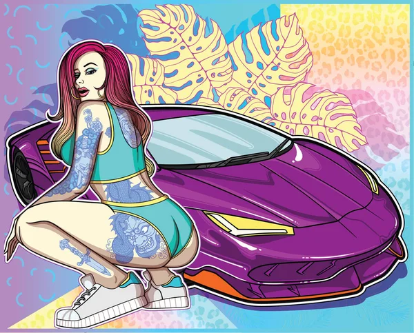 Sexy tatuado em menina estilo old school clássico com super carro em fundo colorido geométrico e botânico. Coleção de conceitos com mulheres e super carros no meu perfil  . —  Vetores de Stock