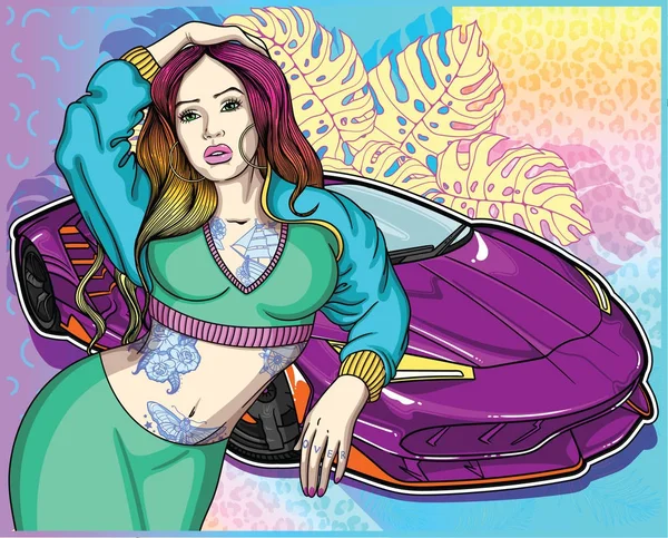 Seksi dövmeli içinde klasik eski okul tarzı kız süper araba geometrik ve Botanik renkli arka plan ile. Kadın ve benim profilde süper arabalar ile kavramları topluluğu .