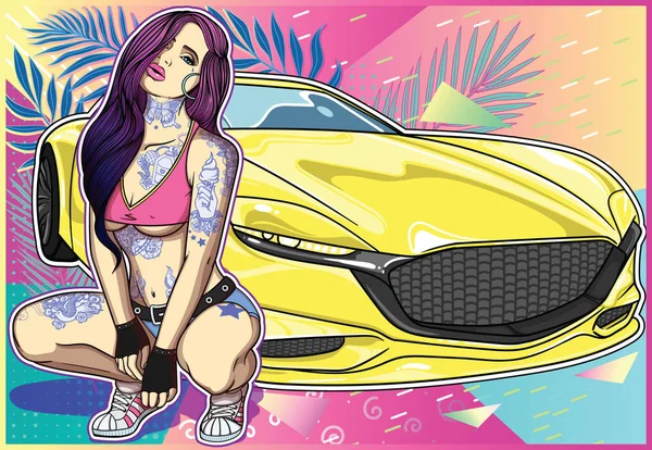 Szexi tetovált keleti stílusú lány szuper autó mazda. Fogalmak a nők és a szuper autók gyűjteménye. Könnyen szerkeszthetők, fájl van osztva a logikai rétegek és csoportok. — Stock Vector