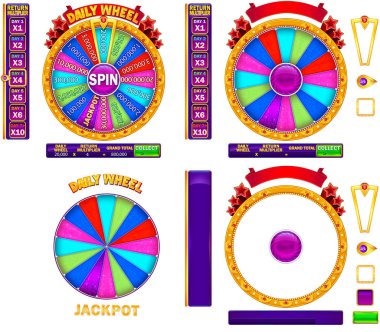 Fortune Daily Wheel ayrı unsurları . Ayrı elemanları şeffaf ve beyaz arka plan izole ayrıntılı altın tekerlek. Slot oyunu için kullanıcı arayüzü
