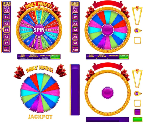 Separate elements of Fortune Daily Wheel .  Detailed gold wheel with separate elements transparent and isolated from white background. User interface for slot game