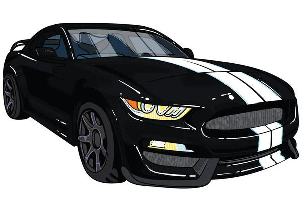 Illustration de voiture de sport noire Mustang avec deux bandes grises sur le capot de la voiture. Toutes les illustrations sont faciles à utiliser et hautement personnalisables, en couches logiques pour répondre à vos besoins . — Image vectorielle