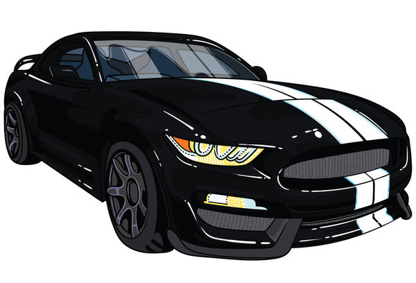 Illustration of black  sport car Mustang with two grey strips on car hood . All illustrations are easy to use and highly customizable, logical layered to fit your needs.