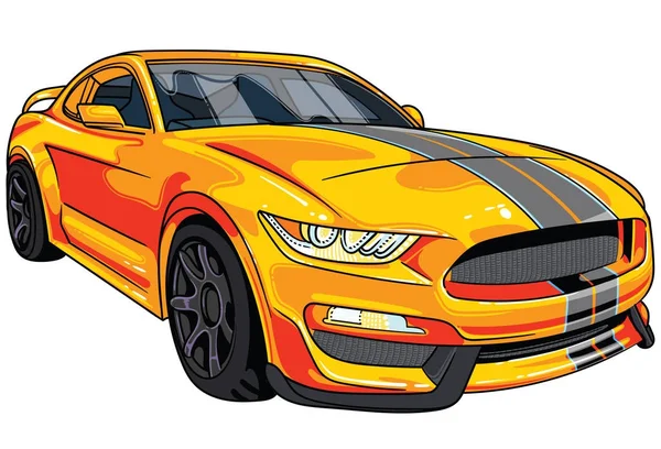 Ilustración de coche deportivo naranja Mustang con dos tiras grises en la capucha del coche. Todas las ilustraciones son fáciles de usar y altamente personalizables, con capas lógicas para adaptarse a sus necesidades . — Vector de stock