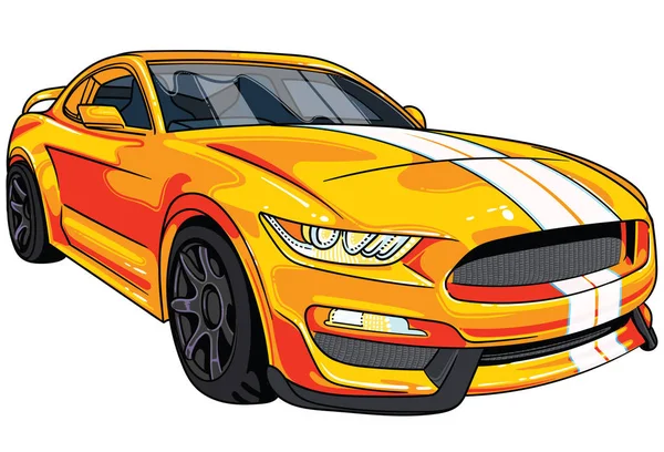 Ilustração do carro esporte laranja Mustang com duas tiras brancas no capô do carro. Todas as ilustrações são fáceis de usar e altamente personalizáveis, em camadas lógicas para atender às suas necessidades . — Vetor de Stock