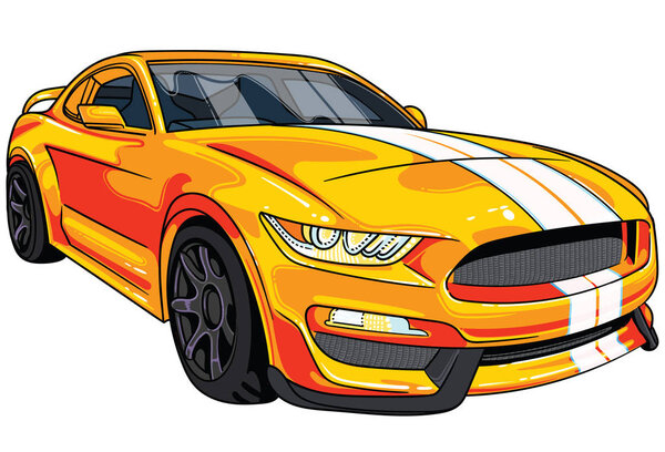 Illustration of orange  sport car Mustang with two white strips on car hood . All illustrations are easy to use and highly customizable, logical layered to fit your needs.