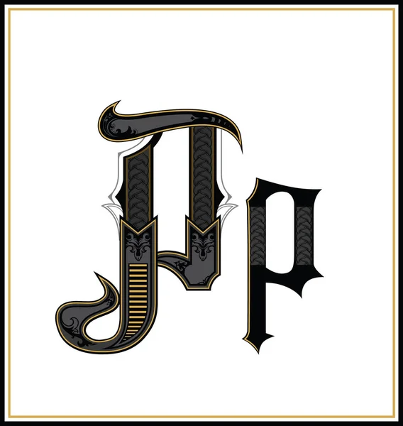 Готическая буква шрифта P. Винтажный дизайн шрифта. Текстовый символ старинной каллиграфии в стиле ретро. Персонаж в старом готическом стиле с узором внутри . — стоковый вектор