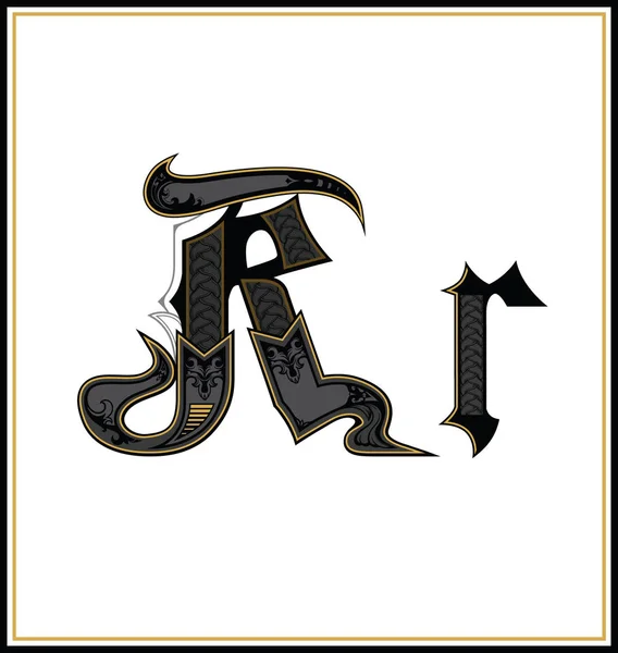 Gothic font letter  R. Vintage design font. Text symbol antique calligraphy old lettering retro style. Character  in old Gothic style with pattern inside. — Stock Vector
