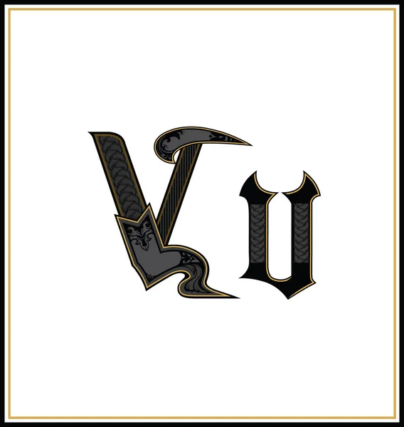 ゴシックフォント文字V .ヴィンテージデザインフォント。テキストシンボルアンティーク書道古いレタリングレトロなスタイル。内側にパターンを持つ古いゴシック様式の文字. — ストックベクタ