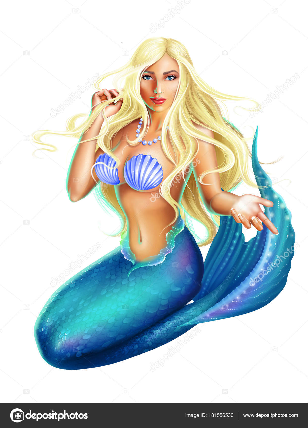 Sexy Blonde Mermaid Isolated White Background Detailed Raster