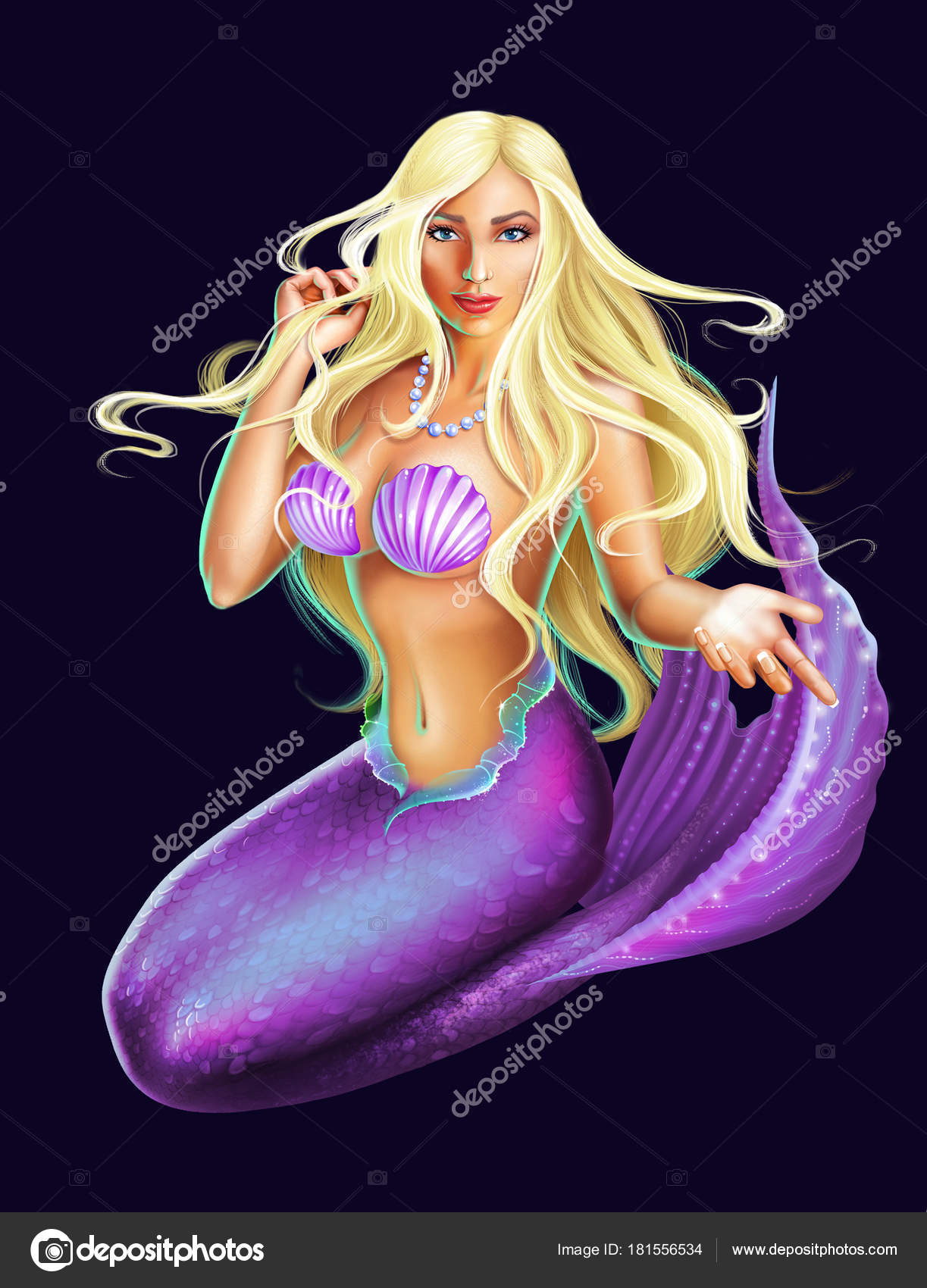 Sexy Blonde Mermaid Isolated Black Background Detailed Raster