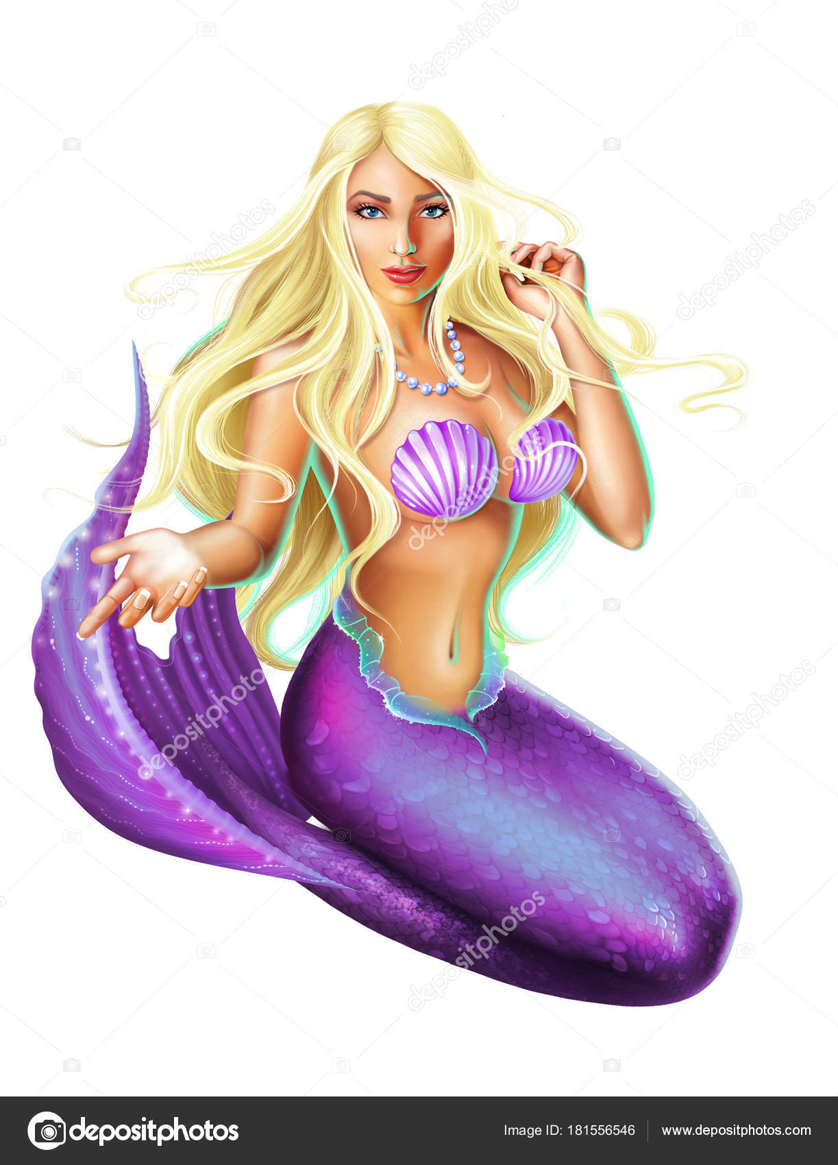 Sexy Blonde Mermaid Isolated White Background Detailed Raster