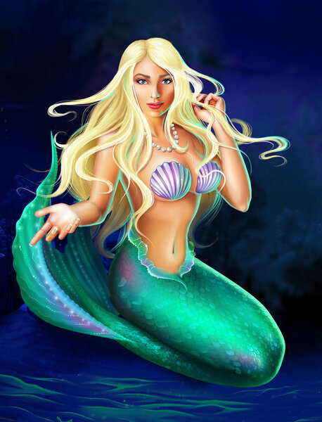 Sexy blonde mermaid on white sea background  . Detailed raster illustration of underwater nymph with blue tail and seashells on the chest. Beautiful seamaid  with an outstretched hand and blue eyes. Character Undine 