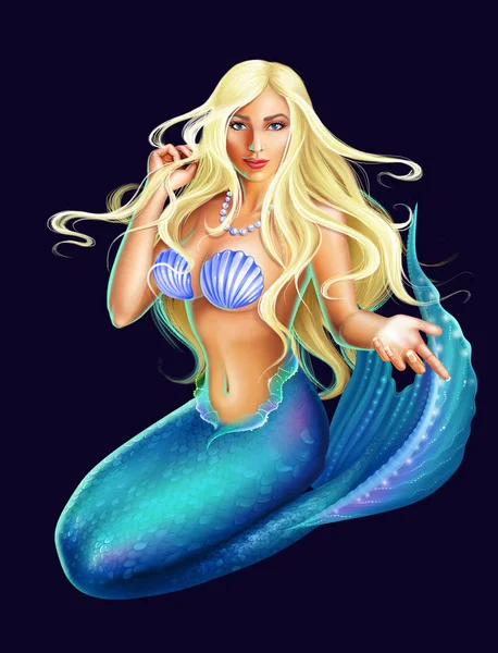 Sexy Blonďatá Mořská Panna Izolovaná Černém Pozadí Detailní Rastrová Ilustrace — Stock fotografie