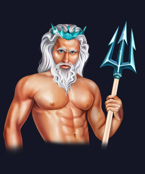 Raster Ilustração Personagem Despido Neptune Com Coroa Cabelos Grisalhos Mão — Fotografia de Stock