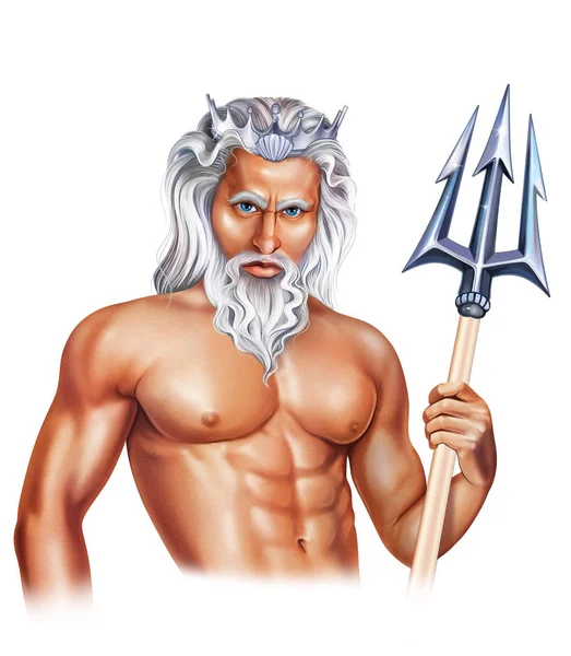 Raster Illustration Undressed Character Neptune Silver Crown Grey Hair Hand — Stock Photo, Image