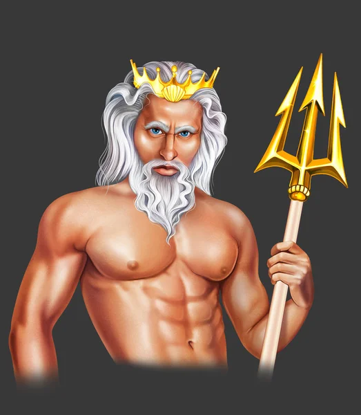 Raster Illustration Undressed Character Neptune Gold Crown Grey Hair Hand — стоковое фото