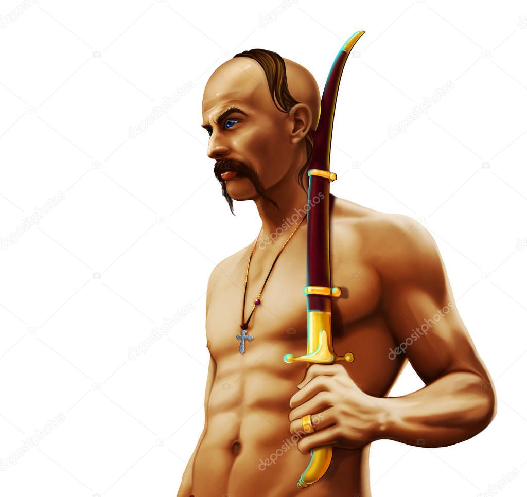 A strong, brave, courageous Cossack with a bare torso isolated on white background. A detailed illustration of the Ukrainian native Cossack with sabers. Ukrainian folklore character.