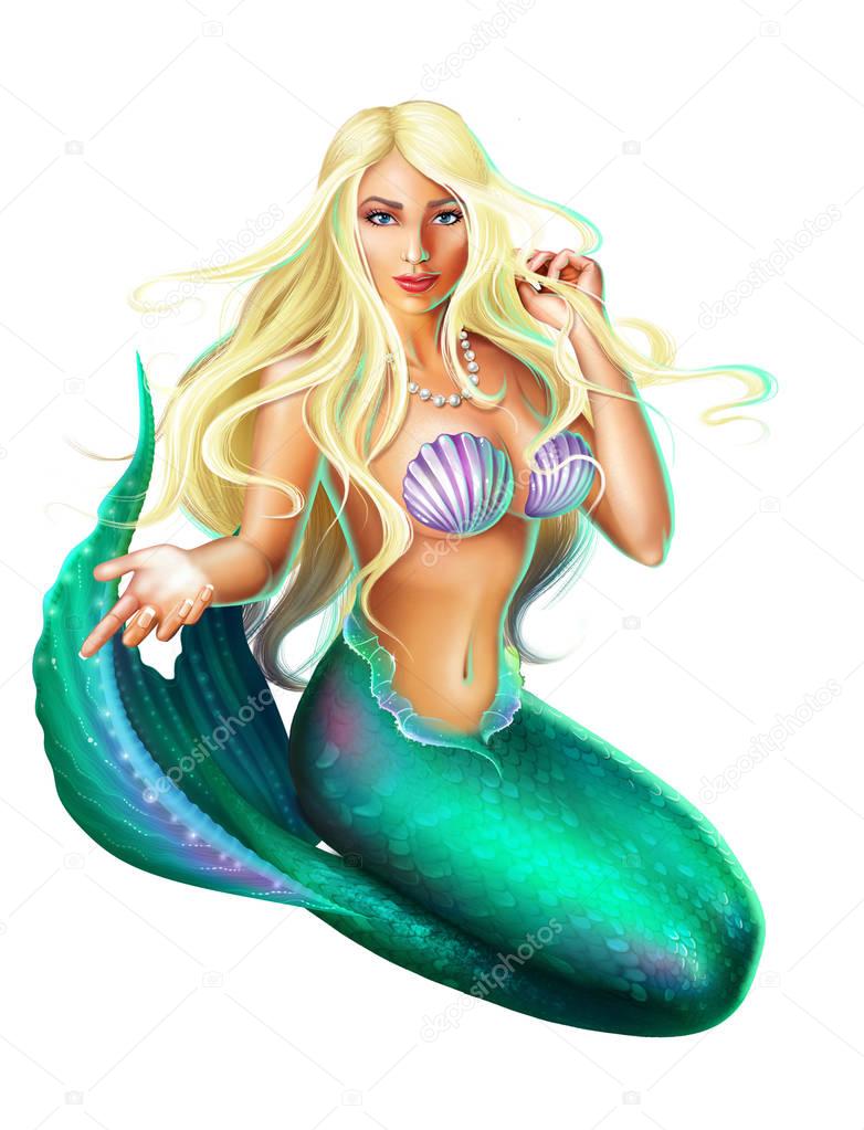 Sexy blonde mermaid  isolated  on white background  . Detailed raster illustration of underwater nymph with blue tail and seashells on the chest. Beautiful seamaid  with an outstretched hand and blue eyes. Character Undine 