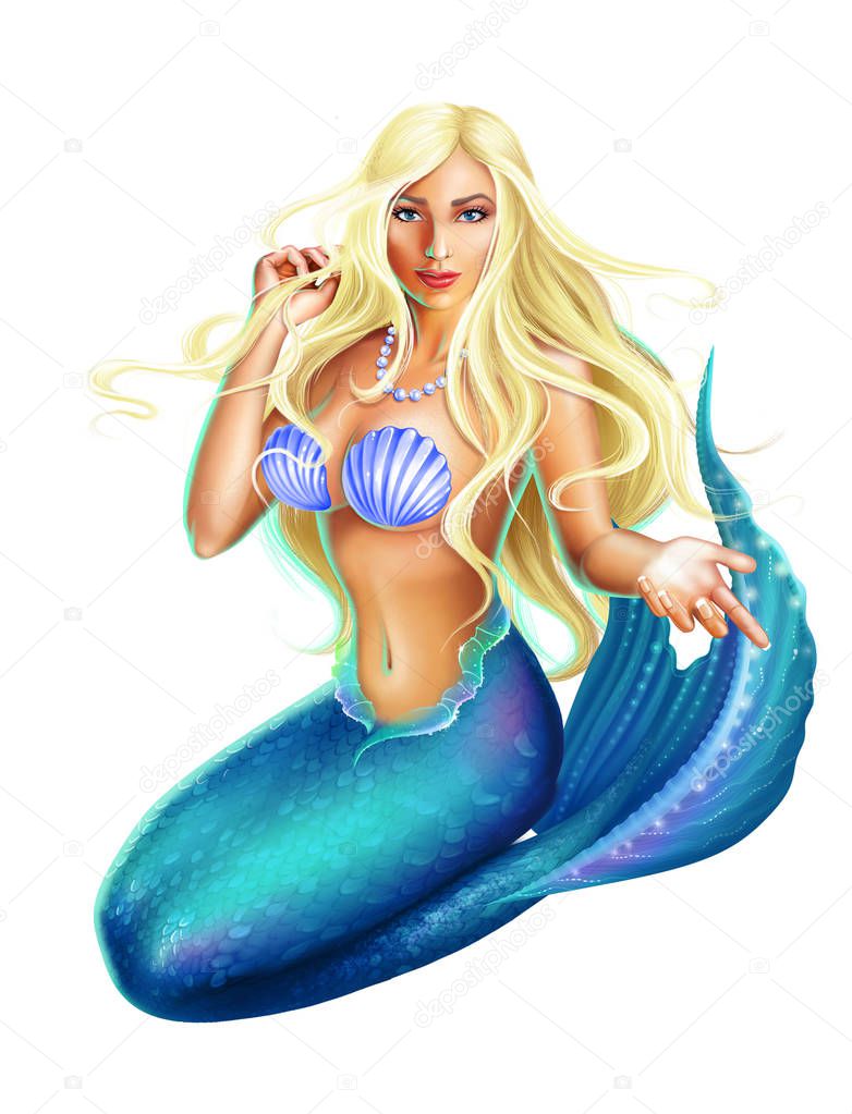 Sexy blonde mermaid  isolated  on white background  . Detailed raster illustration of underwater nymph with blue  tail and seashells on the chest. Beautiful seamaid  with an outstretched hand and blue eyes. Character Undine 