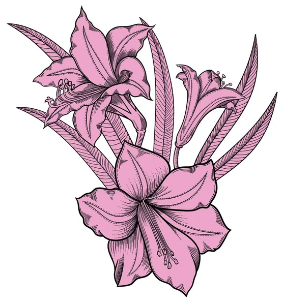 Vektorillustration von Blumen mit Blättern. Sehr detaillierte Blumen im Skizzenstil. Elegante Blumendekoration für das Design. alle Elemente der Komposition sind in jeder Gruppe getrennt. — Stockvektor