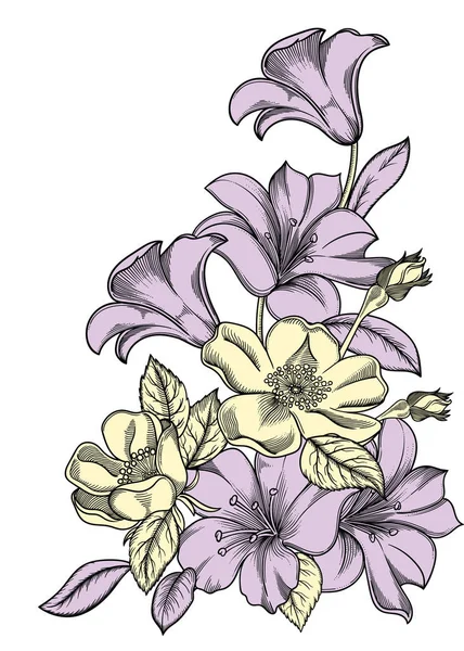 Vektorillustration von Blumen mit Blättern. Sehr detaillierte Blumen im Skizzenstil. Elegante Blumendekoration für das Design. alle Elemente der Komposition sind in jeder Gruppe getrennt. — Stockvektor
