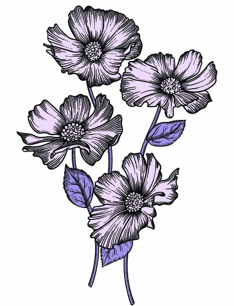 Vectorillustratie van bloemen met blaadjes. Zeer gedetailleerde bloemen in schets stijl. Elegante florale decoratie voor design. Alle elementen van samenstelling zijn gescheiden in elke groep. — Stockvector