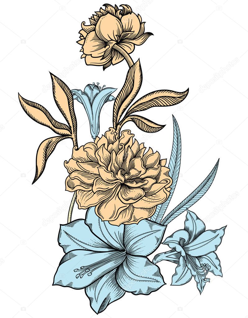 vector illustration of  flowers with leaves.Very detailed flowers in sketch style.Elegant floral decoration for design. All elements of composition are separated in each group.