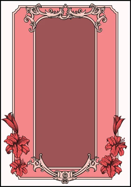 Tarjeta de felicitación vectorial en estilo vintage y retro. Flores románticas en flor y adorno en marco. Borde antiguo y antiguo con decoración.Toda la plantilla de tarjeta en contorno negro como boceto o estilo de grabado — Archivo Imágenes Vectoriales