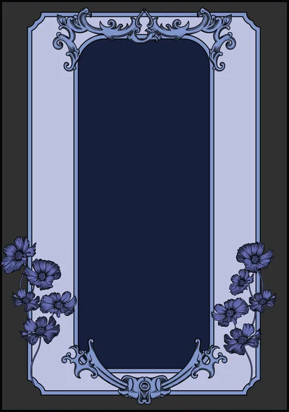 Tarjeta de felicitación vectorial en estilo vintage y retro. Flores románticas en flor y adorno en marco. Borde antiguo y antiguo con decoración.Toda la plantilla de tarjeta en contorno negro como boceto o estilo de grabado — Archivo Imágenes Vectoriales