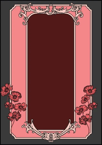 Tarjeta de felicitación vectorial en estilo vintage y retro. Flores románticas en flor y adorno en marco. Borde antiguo y antiguo con decoración.Toda la plantilla de tarjeta en contorno negro como boceto o estilo de grabado — Vector de stock